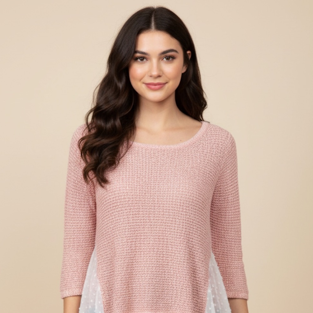 Pink Knit Sweater with Sheer Hem